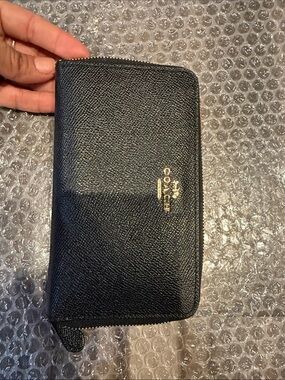 Coach Black Zip-Around Leather Wallet with Gold Logo